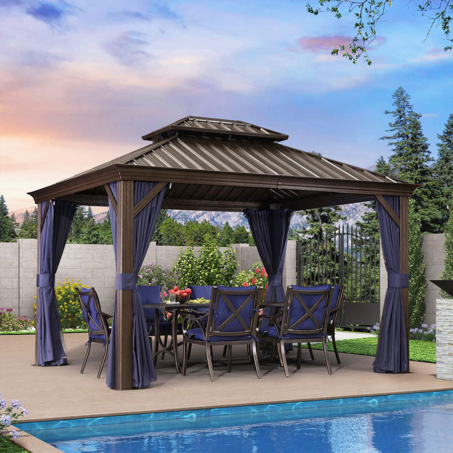 DEMO ITEMS Outdoor Hardtop Gazebo For Patio Bronze Aluminum Frame Pavilion With Navy-Blue Curtain