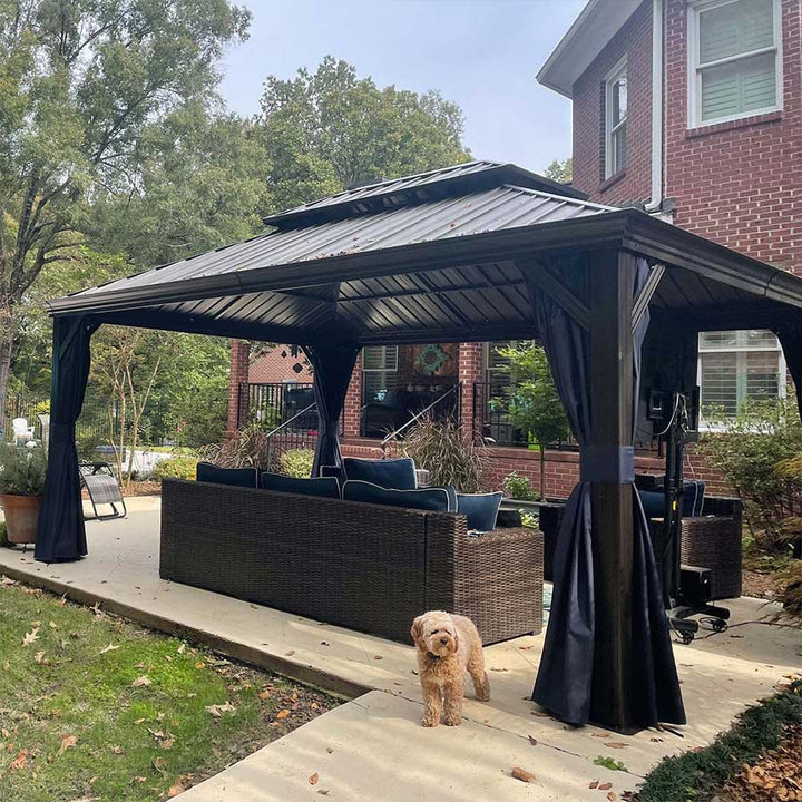 DEMO ITEMS Outdoor Hardtop Gazebo For Patio Bronze Aluminum Frame Pavilion With Navy-Blue Curtain