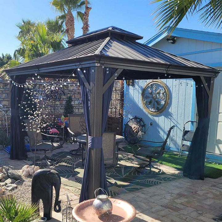 DEMO ITEMS Outdoor Hardtop Gazebo For Patio Bronze Aluminum Frame Pavilion With Navy-Blue Curtain