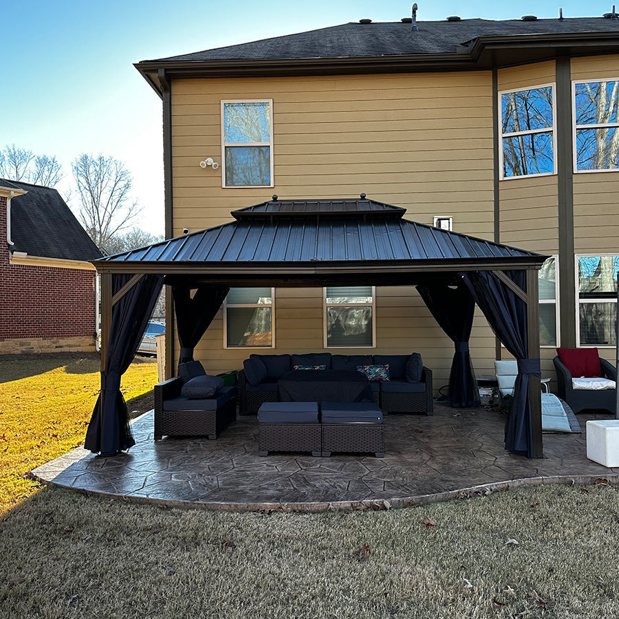 DEMO ITEMS Outdoor Hardtop Gazebo For Patio Bronze Aluminum Frame Pavilion With Navy-Blue Curtain