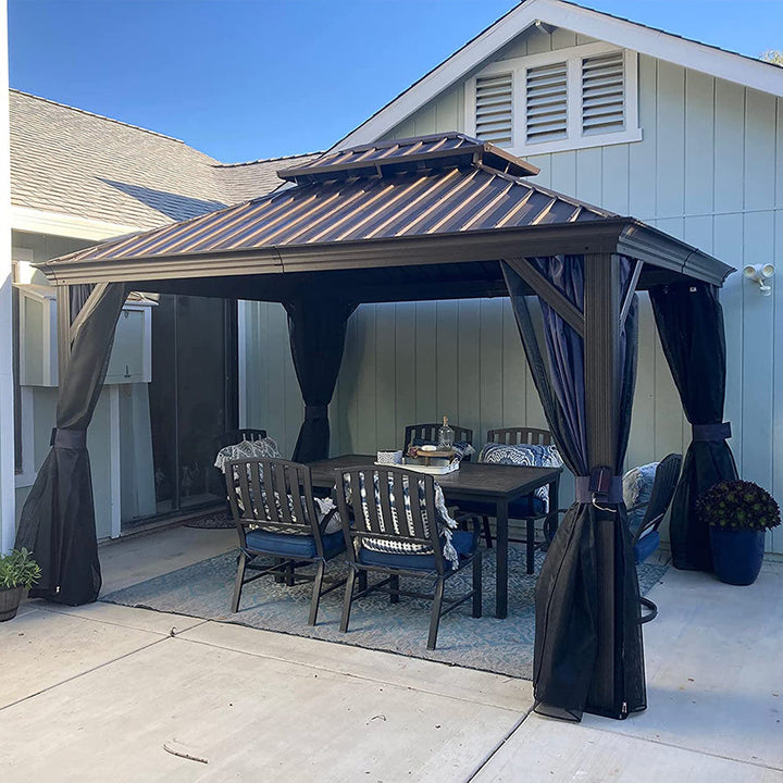 DEMO ITEMS Outdoor Hardtop Gazebo For Patio Bronze Aluminum Frame Pavilion With Navy-Blue Curtain