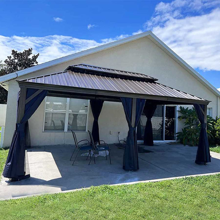 DEMO ITEMS Outdoor Hardtop Gazebo For Patio Bronze Aluminum Frame Pavilion With Navy-Blue Curtain