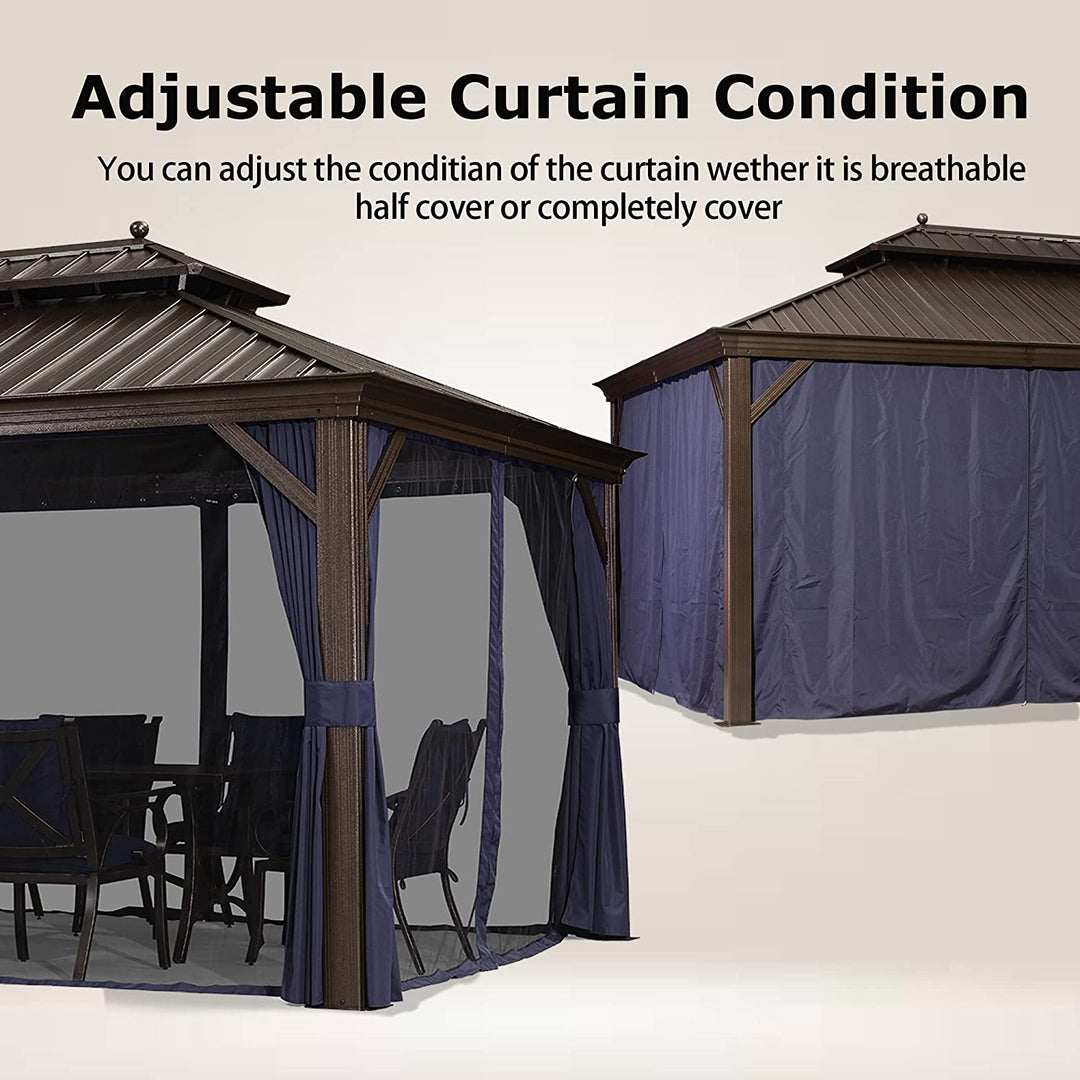 DEMO ITEMS Outdoor Hardtop Gazebo For Patio Bronze Aluminum Frame Pavilion With Navy-Blue Curtain