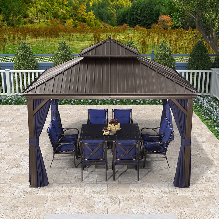 DEMO ITEMS Outdoor Hardtop Gazebo For Patio Bronze Aluminum Frame Pavilion With Navy-Blue Curtain