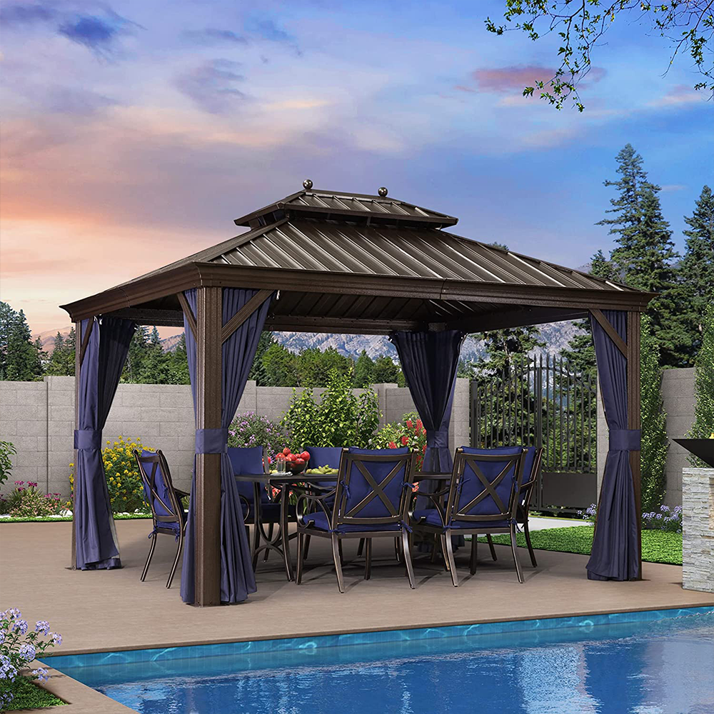 DEMO ITEMS Outdoor Hardtop Gazebo For Patio Bronze Aluminum Frame Pavilion With Navy-Blue Curtain