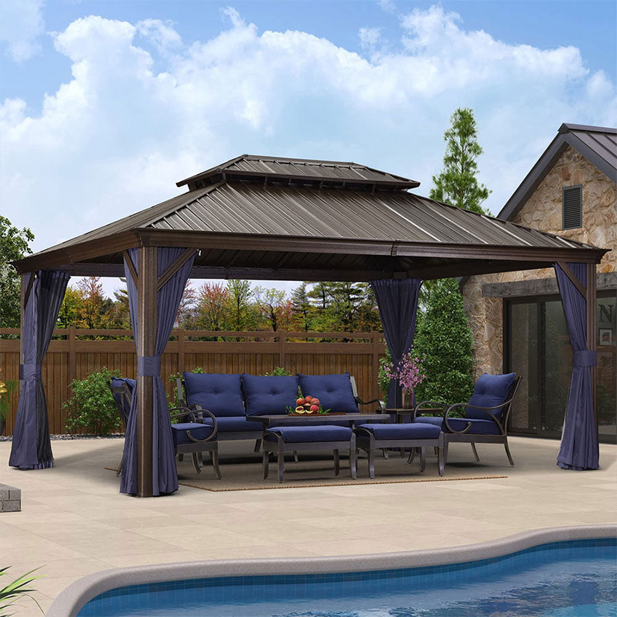 DEMO ITEMS Outdoor Hardtop Gazebo For Patio Bronze Aluminum Frame Pavilion With Navy-Blue Curtain