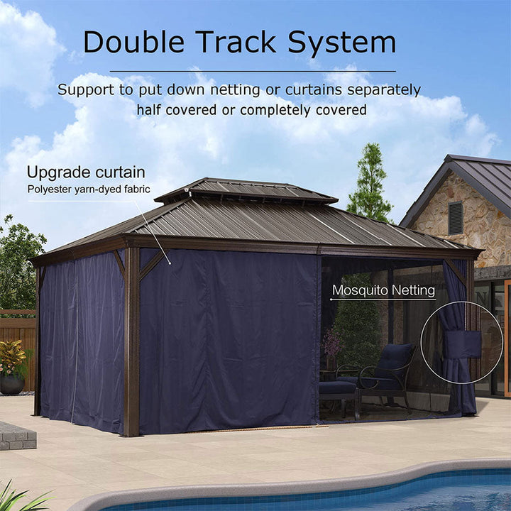 DEMO ITEMS Outdoor Hardtop Gazebo For Patio Bronze Aluminum Frame Pavilion With Navy-Blue Curtain