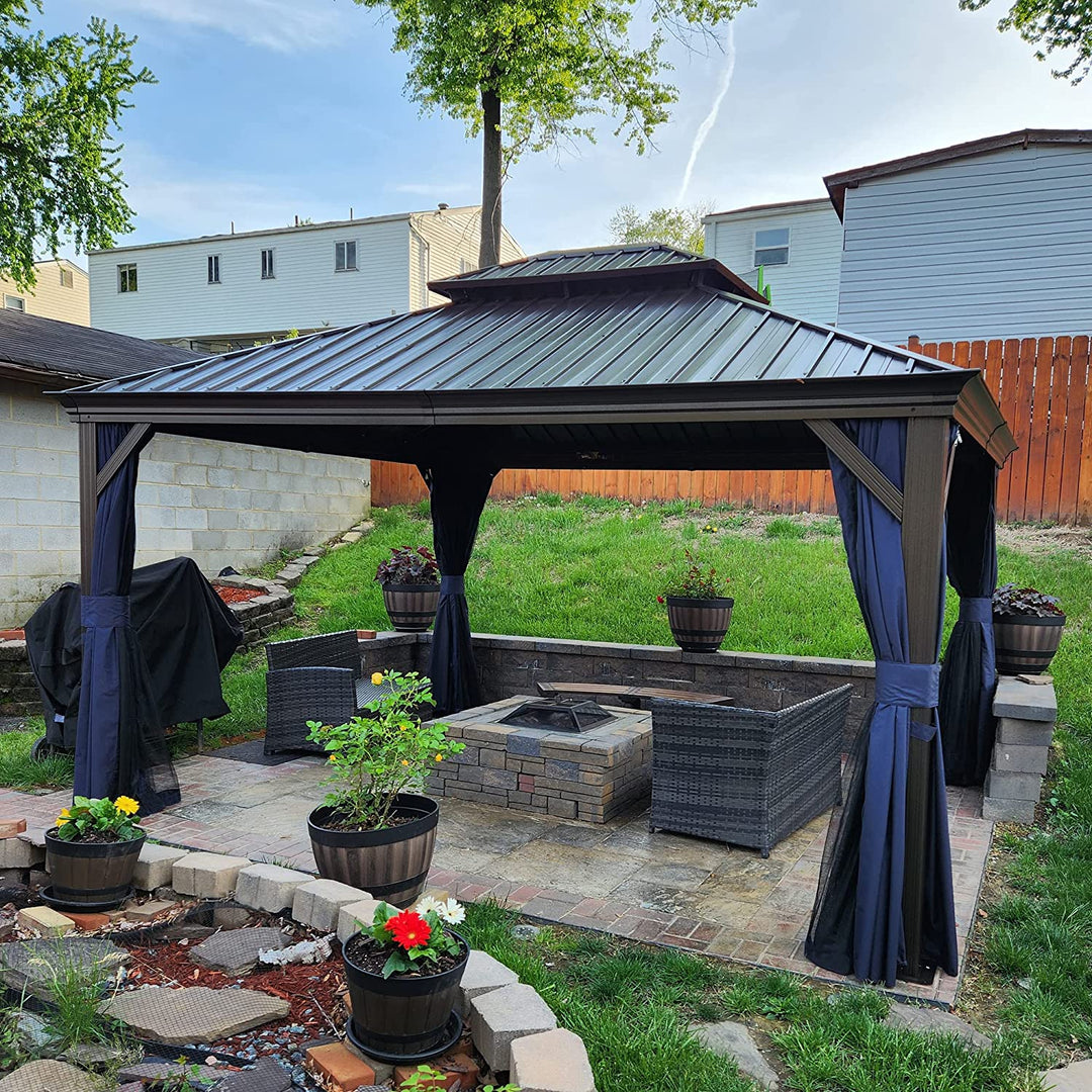 DEMO ITEMS Outdoor Hardtop Gazebo For Patio Bronze Aluminum Frame Pavilion With Navy-Blue Curtain