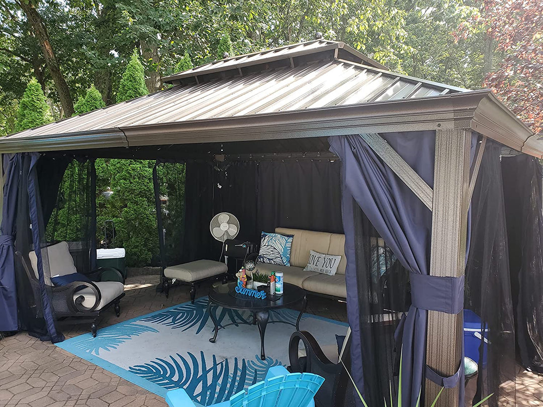 DEMO ITEMS Outdoor Hardtop Gazebo For Patio Bronze Aluminum Frame Pavilion With Navy-Blue Curtain