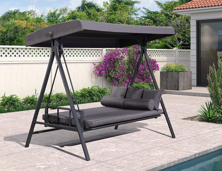 DEMO ITEMS Outdoor Patio Porch Swing Adjustable Backrest, 3-seat Swing Chair with Weather Resistant Steel Frame for Backyard ,Pillows Included