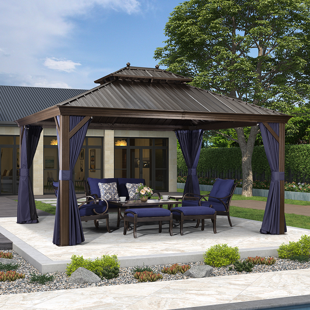 DEMO ITEMS Outdoor Hardtop Gazebo For Patio Bronze Aluminum Frame Pavilion With Navy-Blue Curtain