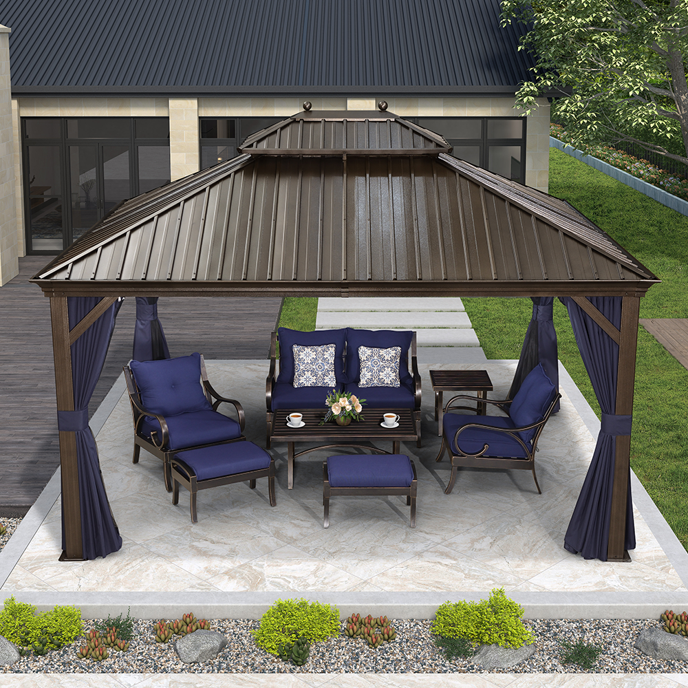 DEMO ITEMS Outdoor Hardtop Gazebo For Patio Bronze Aluminum Frame Pavilion With Navy-Blue Curtain