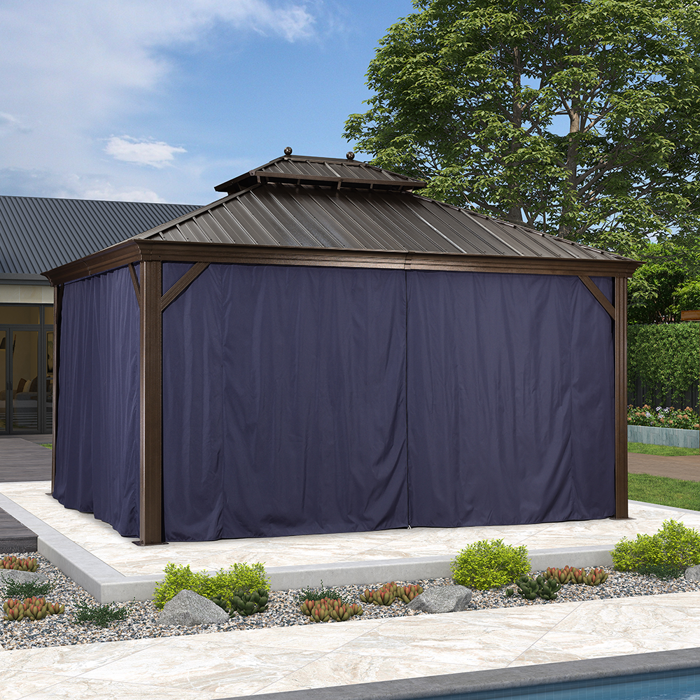 DEMO ITEMS Outdoor Hardtop Gazebo For Patio Bronze Aluminum Frame Pavilion With Navy-Blue Curtain