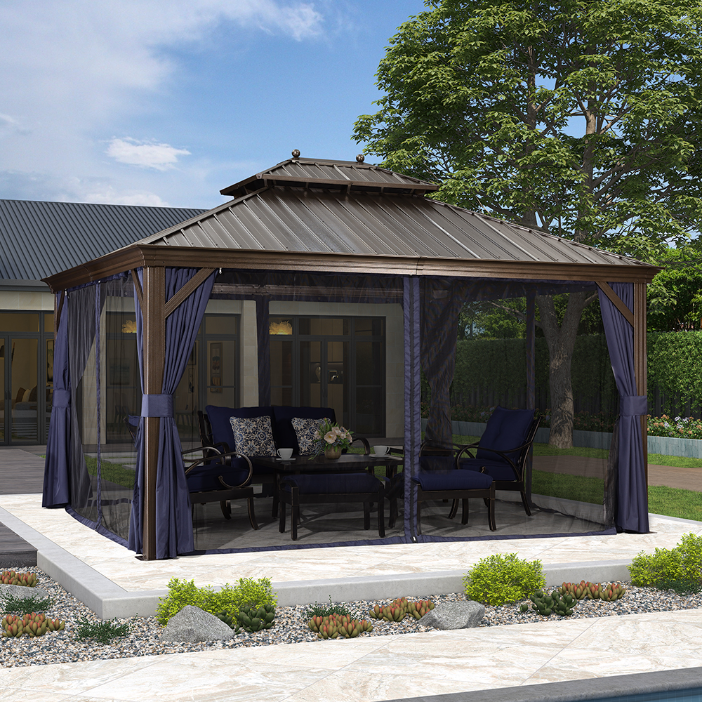 DEMO ITEMS Outdoor Hardtop Gazebo For Patio Bronze Aluminum Frame Pavilion With Navy-Blue Curtain