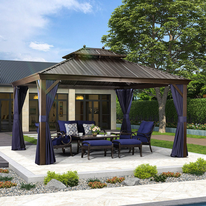 DEMO ITEMS Outdoor Hardtop Gazebo For Patio Bronze Aluminum Frame Pavilion With Navy-Blue Curtain