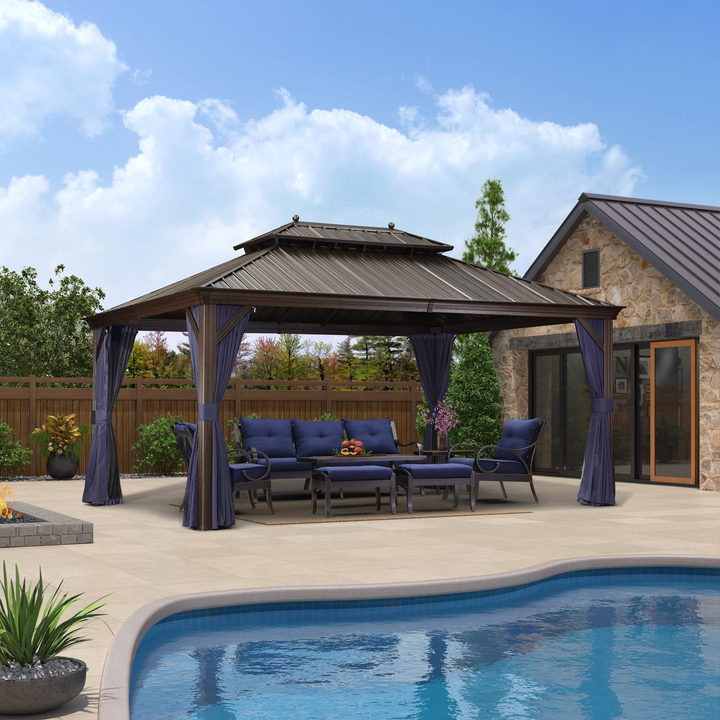 DEMO ITEMS Outdoor Hardtop Gazebo For Patio Bronze Aluminum Frame Pavilion With Navy-Blue Curtain