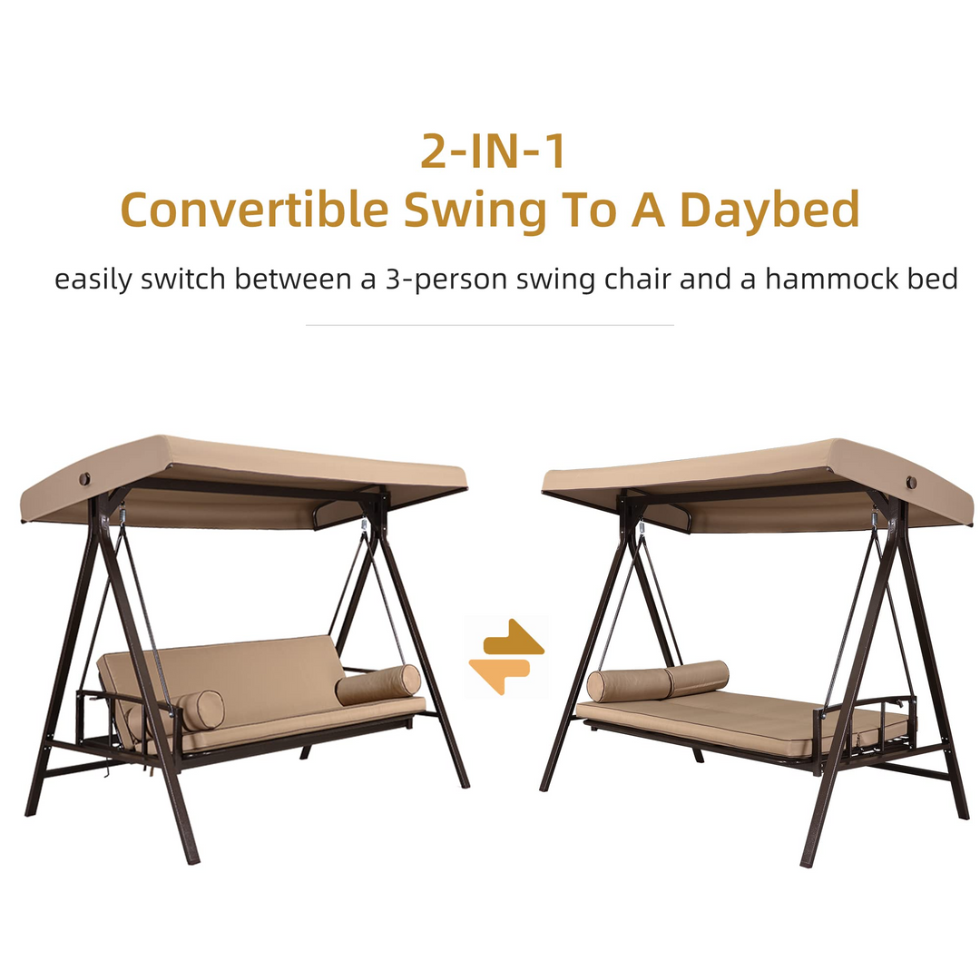 DEMO ITEMS Outdoor Patio Porch Swing Adjustable Backrest, 3-seat Swing Chair with Weather Resistant Steel Frame for Backyard ,Pillows Included