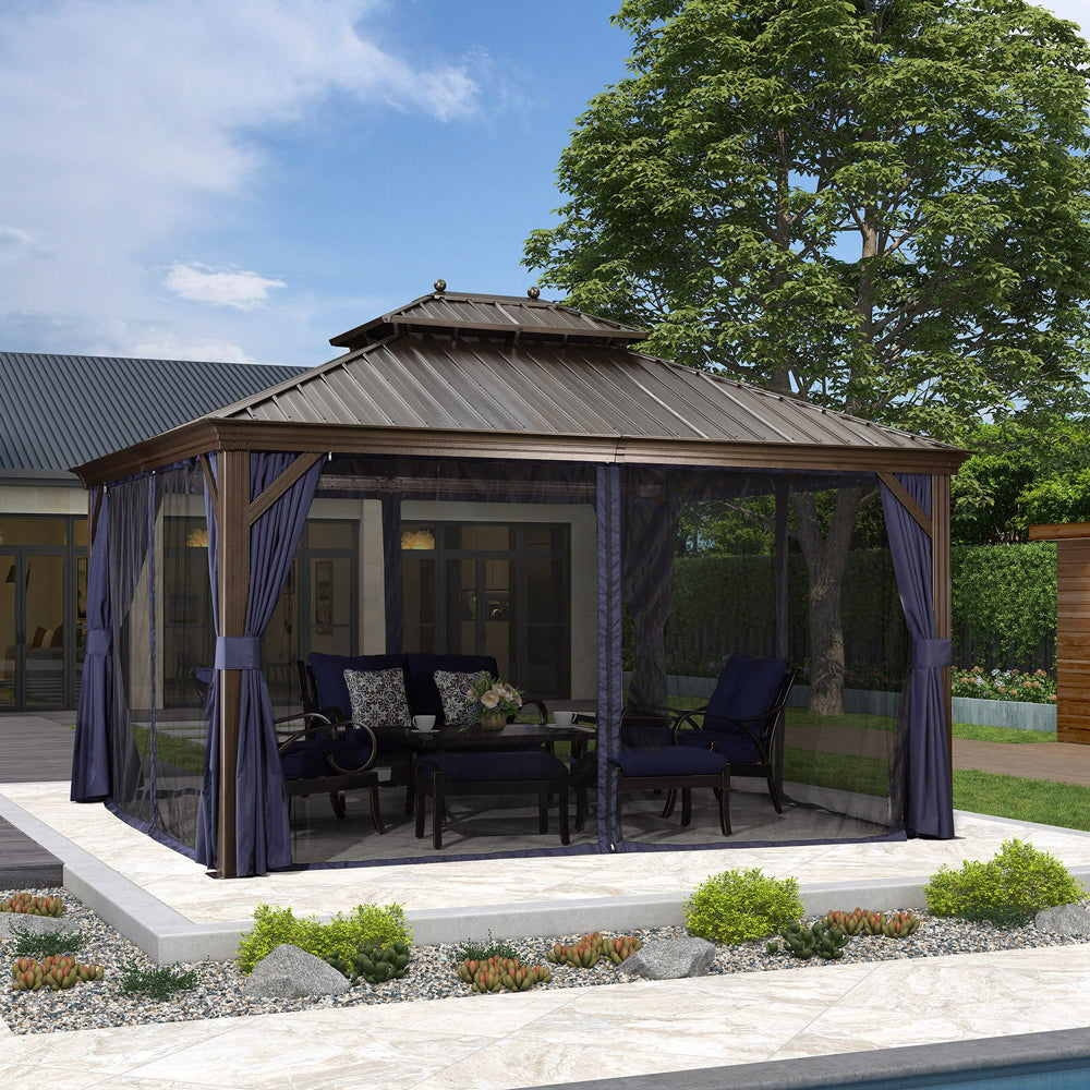 DEMO ITEMS Outdoor Hardtop Gazebo For Patio Bronze Aluminum Frame Pavilion With Navy-Blue Curtain