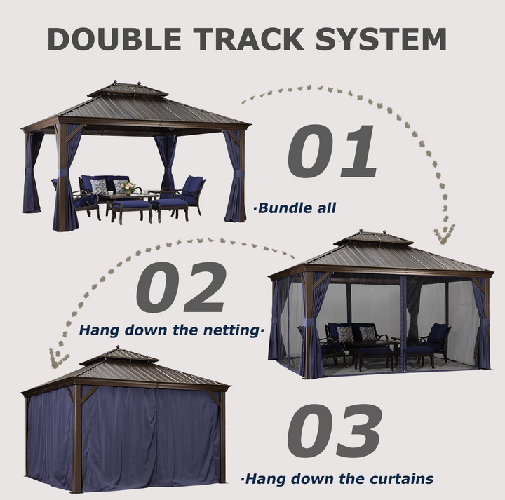 DEMO ITEMS Outdoor Hardtop Gazebo For Patio Bronze Aluminum Frame Pavilion With Navy-Blue Curtain