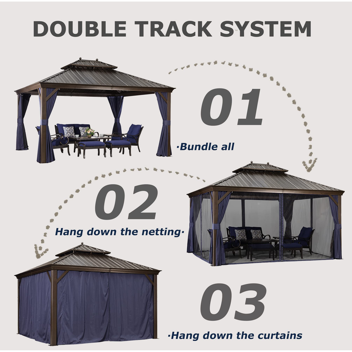 DEMO ITEMS Outdoor Hardtop Gazebo For Patio Bronze Aluminum Frame Pavilion With Navy-Blue Curtain