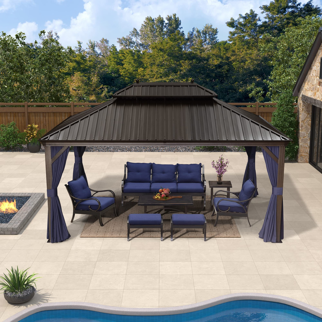 DEMO ITEMS Outdoor Hardtop Gazebo For Patio Bronze Aluminum Frame Pavilion With Navy-Blue Curtain