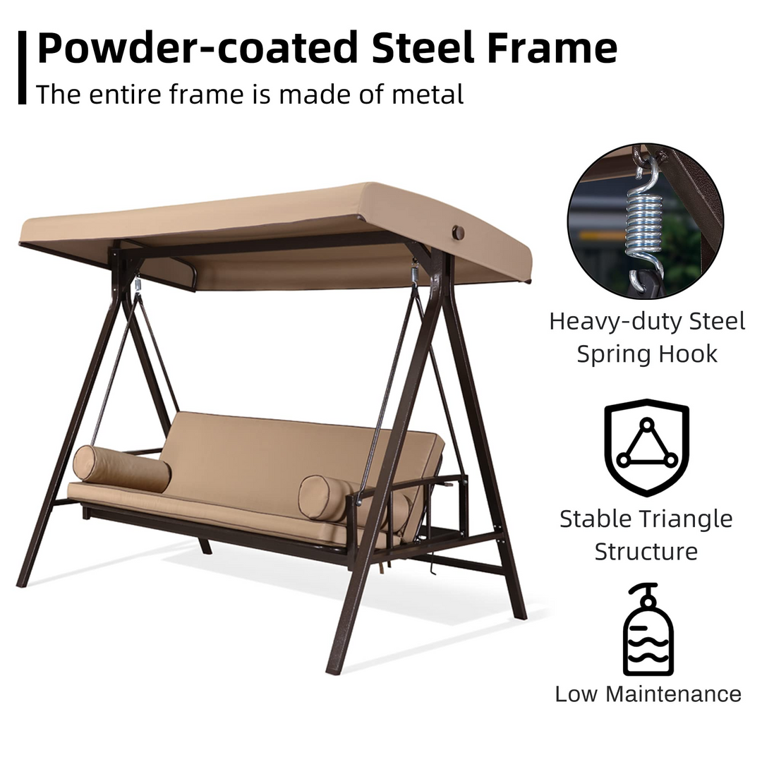 DEMO ITEMS Outdoor Patio Porch Swing Adjustable Backrest, 3-seat Swing Chair with Weather Resistant Steel Frame for Backyard ,Pillows Included