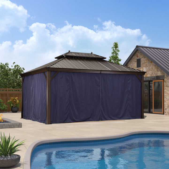 DEMO ITEMS Outdoor Hardtop Gazebo For Patio Bronze Aluminum Frame Pavilion With Navy-Blue Curtain